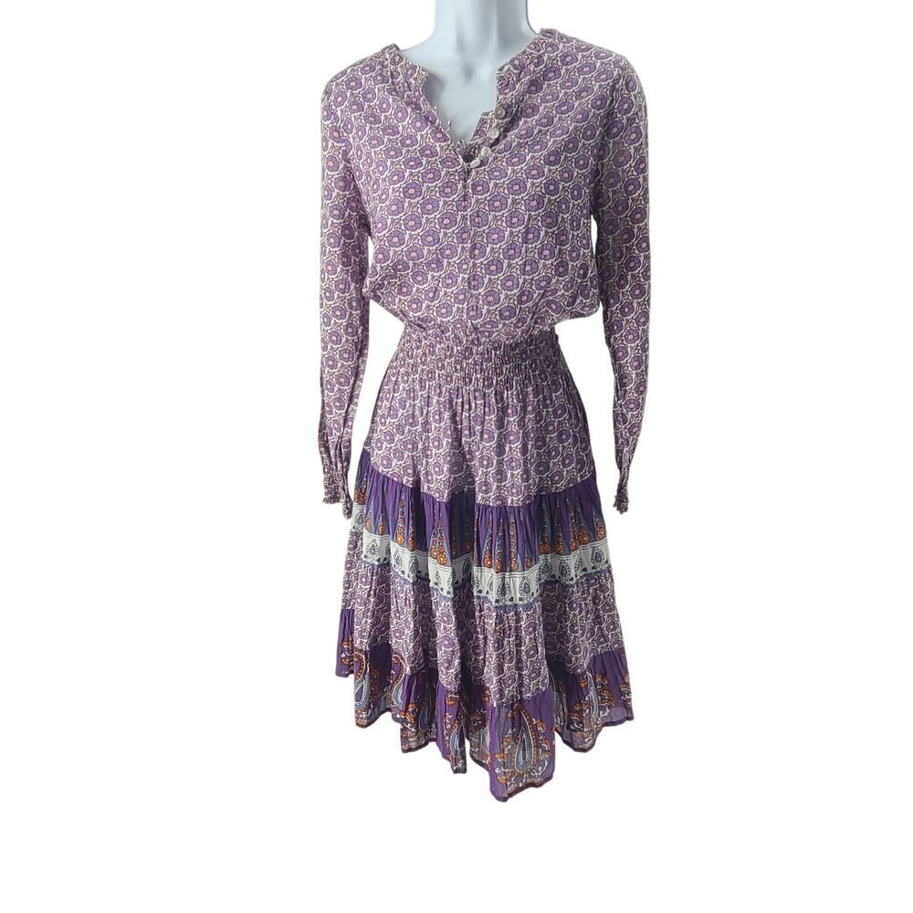 Chaudry women's Bohemian floral smocked waist Peasant Midi dress Sz small hippie